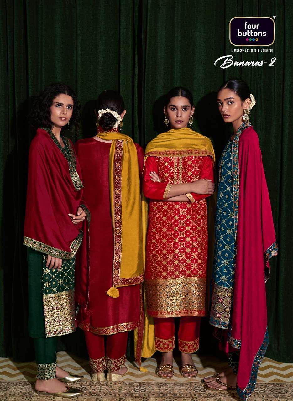 Banaras Vol 2 By Four Buttons Designer Wholesale Online Kurtis Pant Dupatta Set