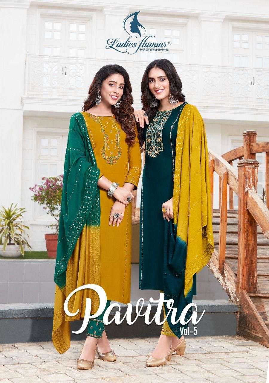 Pavitra Vol 5 By Ladies Flavour Designer Wholesale Online Kurtis Pant Dupatta Set