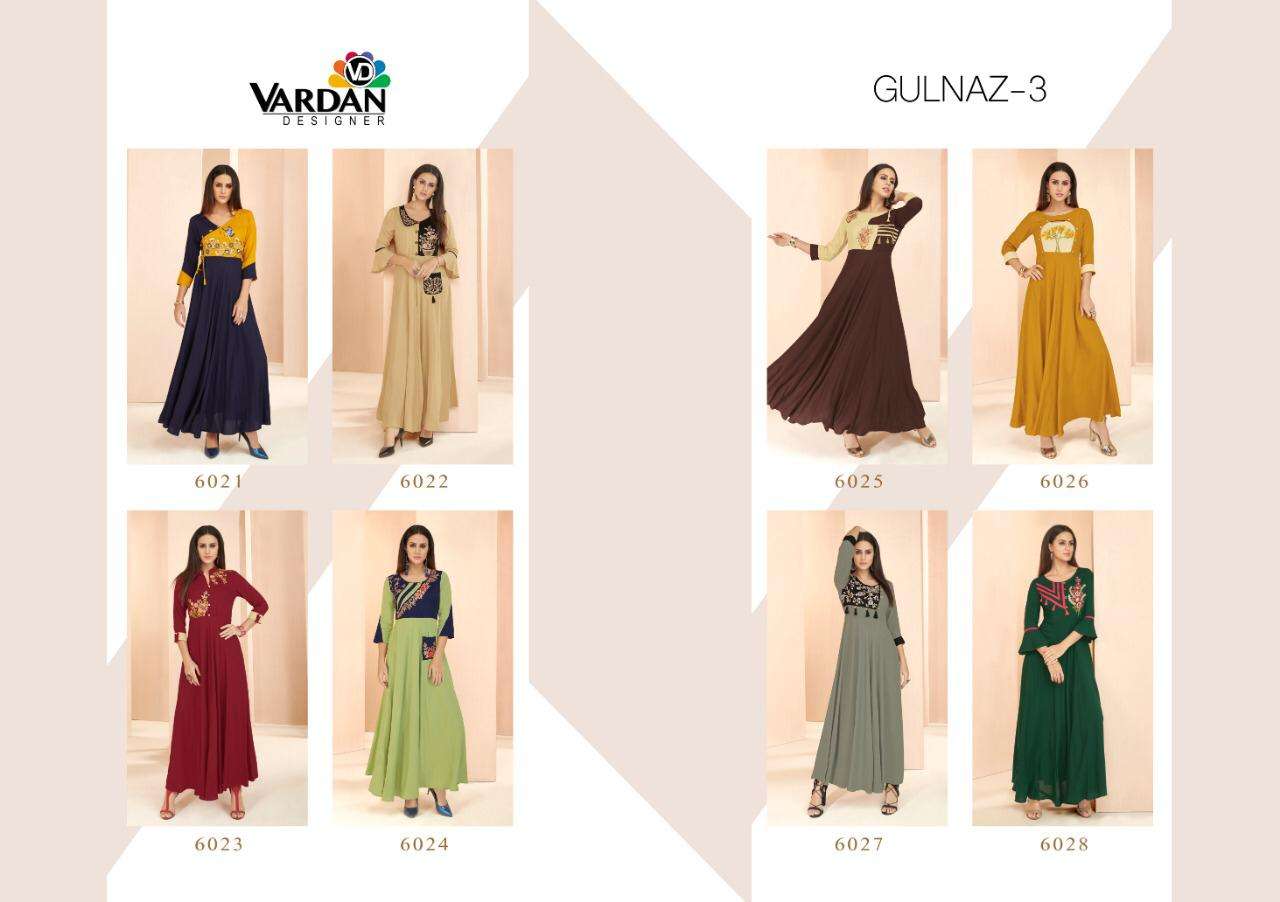Buy Gulnaz Vol 3 Vardhan Online Wholesale Designer Rayon Flar Kurtis