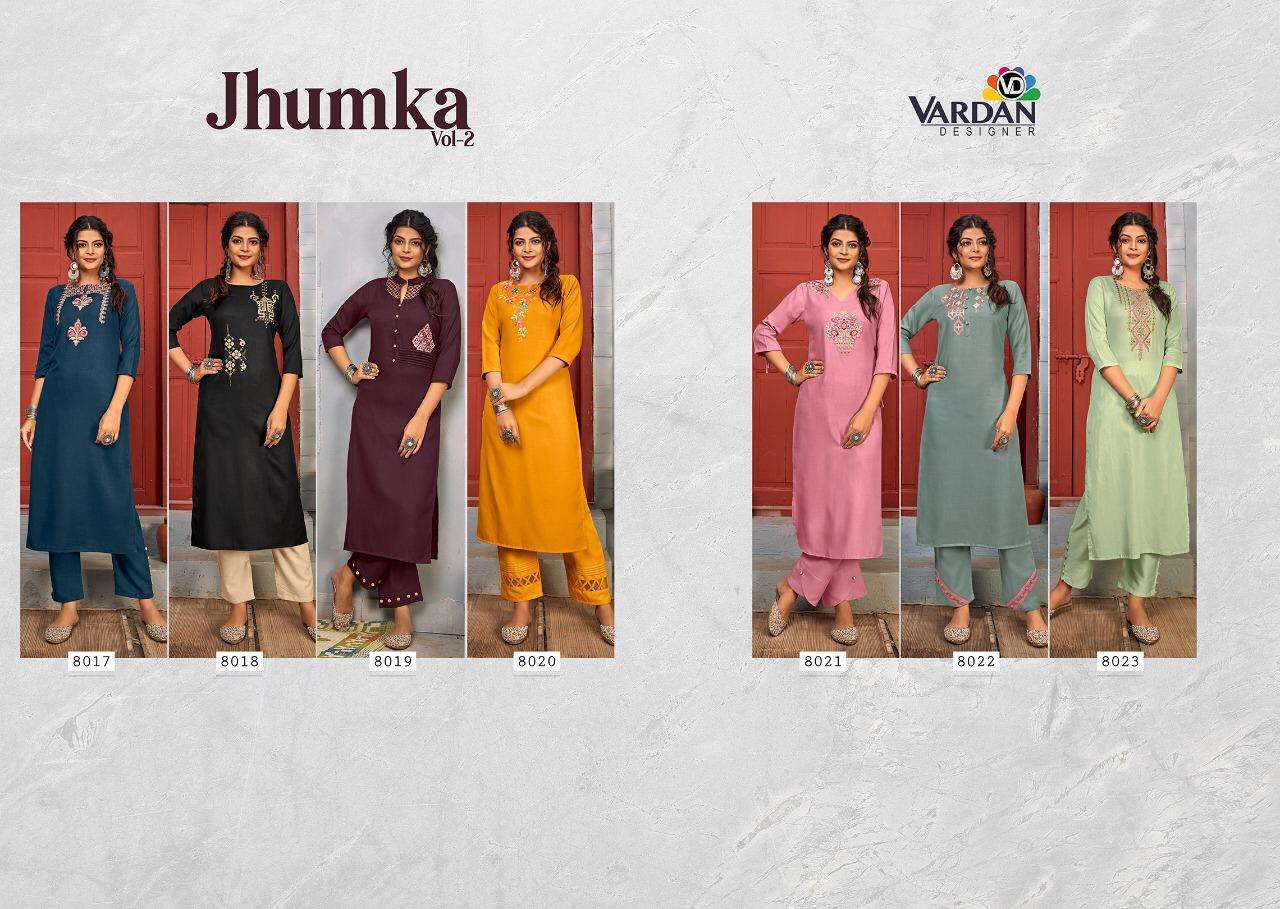 Buy Jhumka Vol 2 Vardan Online Wholesale Designer Rayon Kurti With Pant