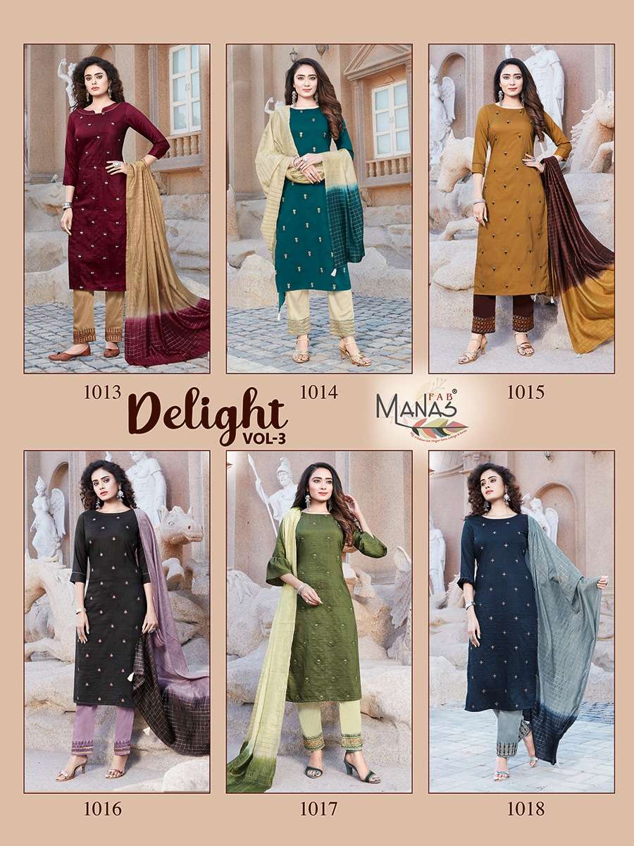 Delight Vol 3 Manas Fab Silk Wholesale Dealer Online Chinon Kurtis Pant Dupatta