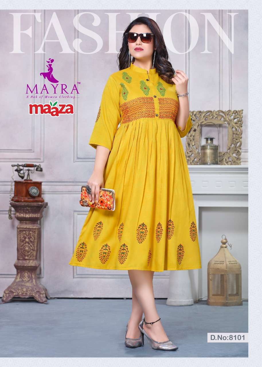 Buy Maaza Mayra Online Wholesale Supplier Designer Rayon Flar Kurtis