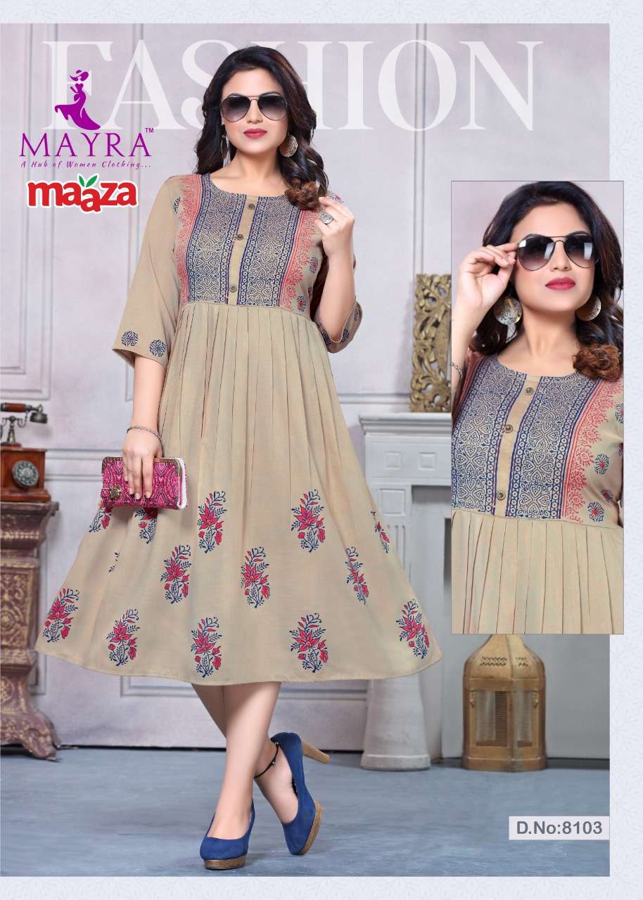 Buy Maaza Mayra Online Wholesale Supplier Designer Rayon Flar Kurtis