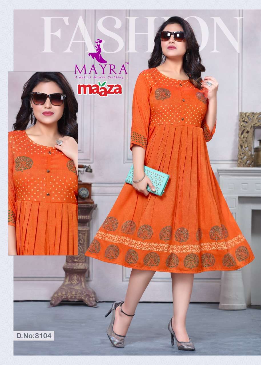 Buy Maaza Mayra Online Wholesale Supplier Designer Rayon Flar Kurtis