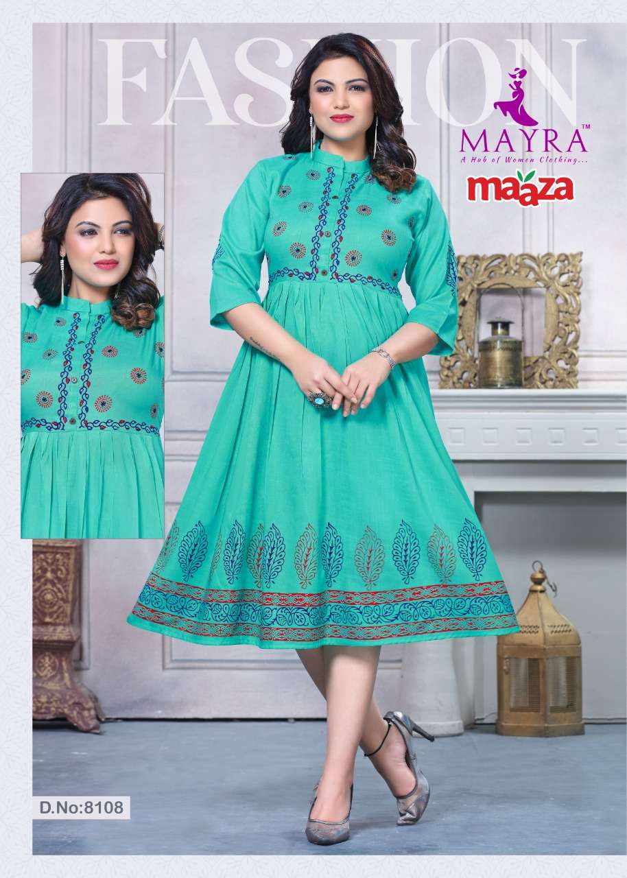 Buy Maaza Mayra Online Wholesale Supplier Designer Rayon Flar Kurtis