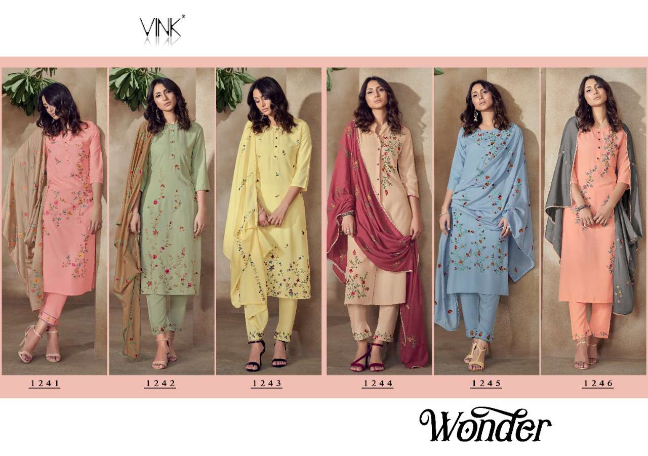Wonder By Vink Rayon Wholesale Supplier Lowest Price Viscose Kurtis Pant Dupatta Catalog Set