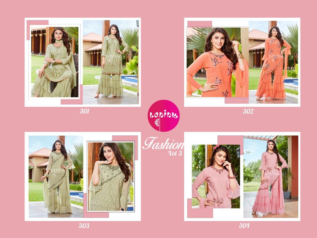 Fashion Vol 3 By La Pink Wholesale Supplier Online Lowest Price Cheapest Designer Party Wear Kurtis Sharara Dupatta Catalog Set