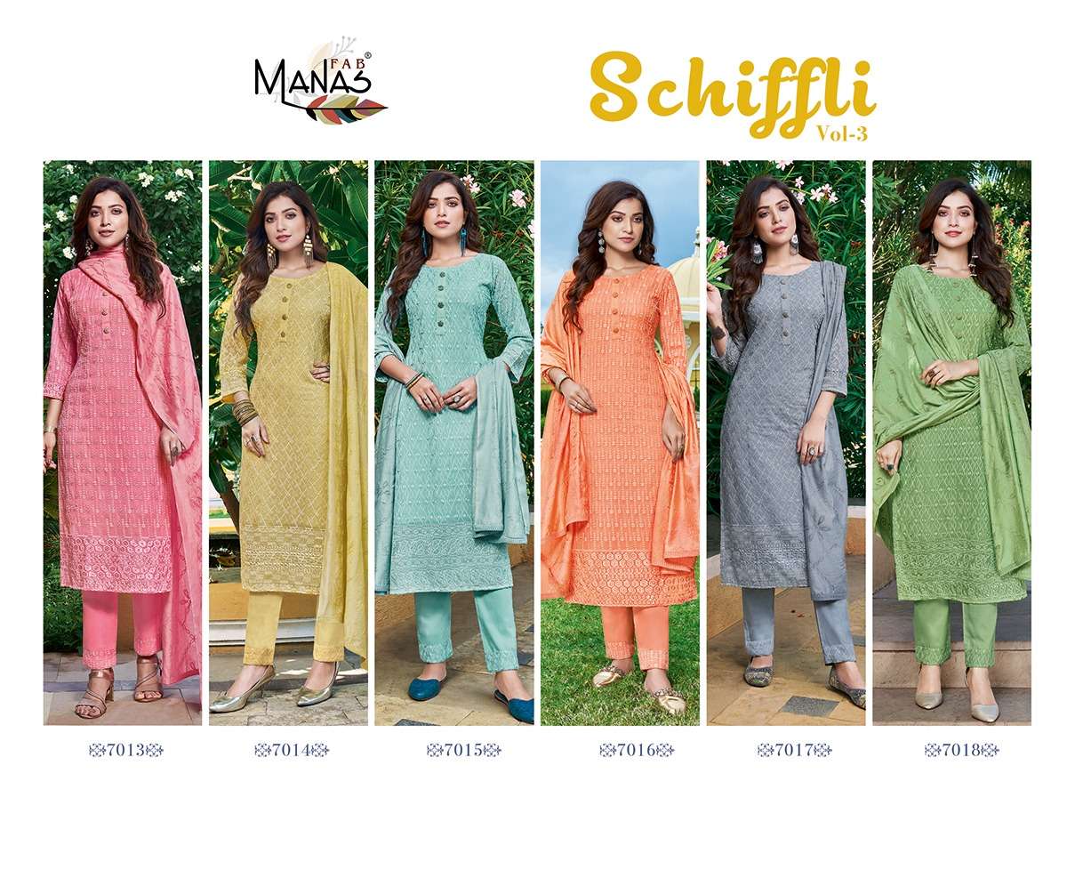 Schiffli Vol 3 By Manas Fab Georgette Fancy Party Wear Wholesale Supplier Online Lowest Price Kurtis Pant Dupatta