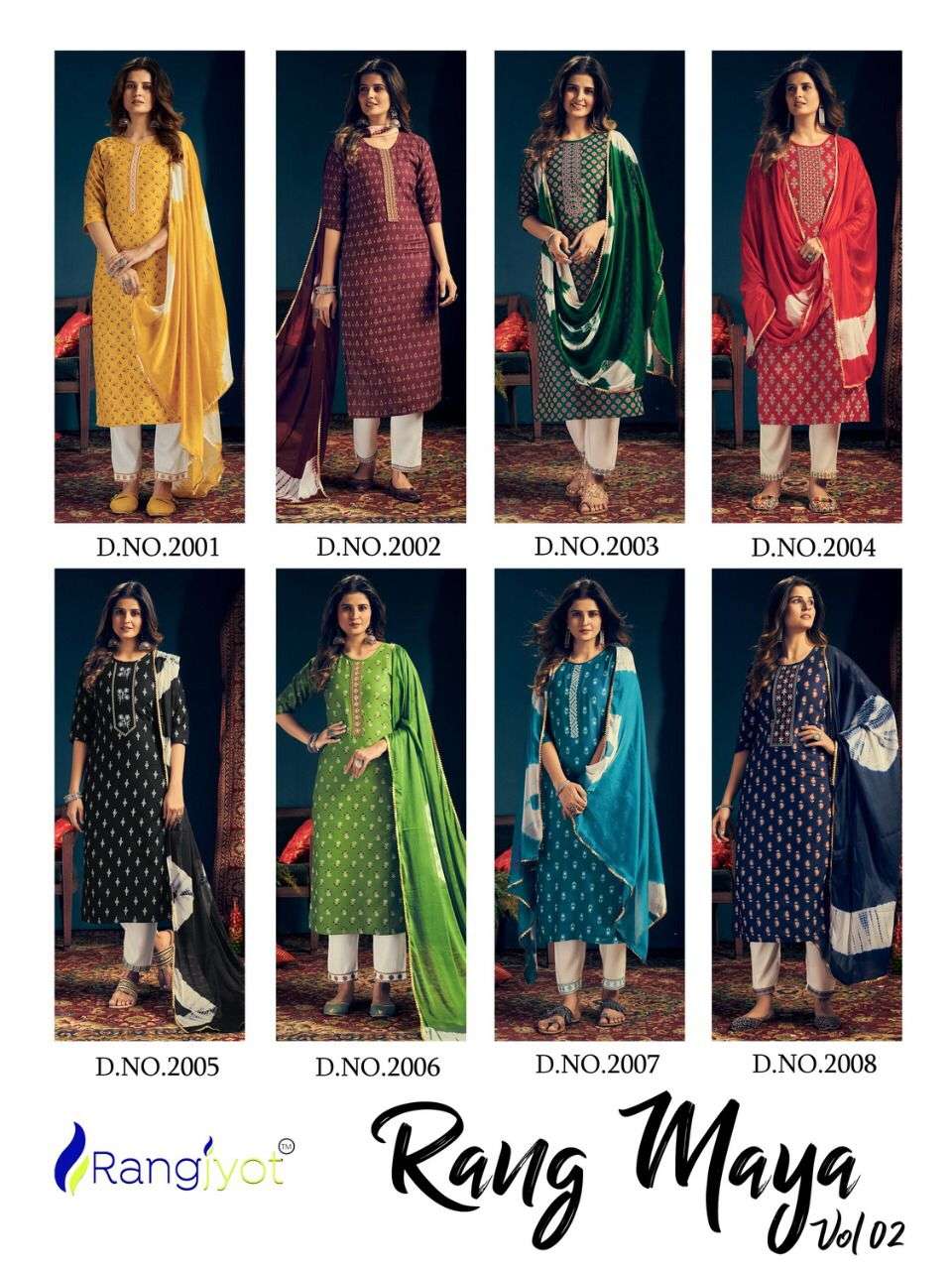 Rangmaya Vol 2 Rangjyot Premium Designer Collection Rayon Lowest Price Kurtis Pant Dupatta Wholesale Set