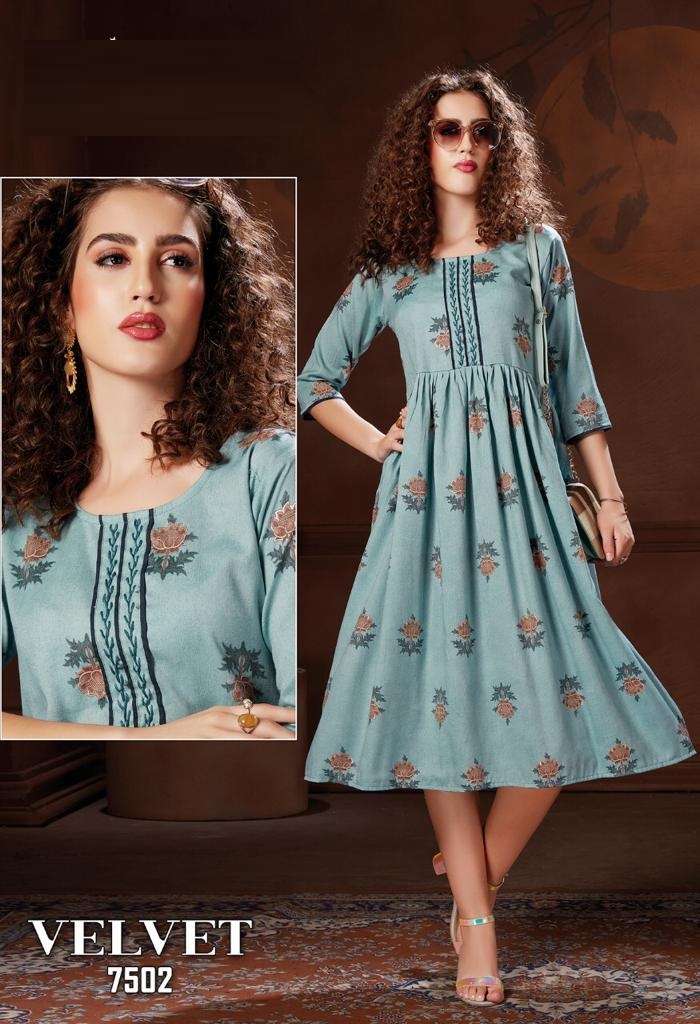 Velvet Kanasu Premium Gown Flair Rayon Wholesale Price Lowest Online Kurtis Set