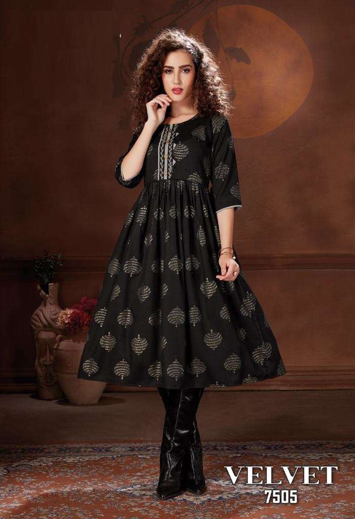 Velvet Kanasu Premium Gown Flair Rayon Wholesale Price Lowest Online Kurtis Set