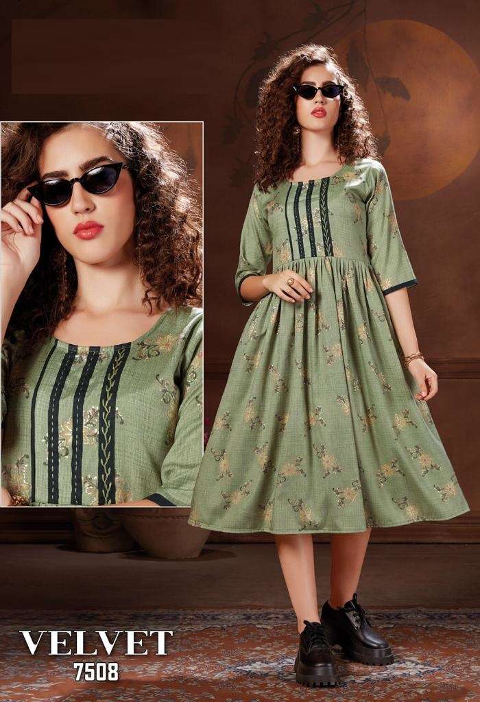 Velvet Kanasu Premium Gown Flair Rayon Wholesale Price Lowest Online Kurtis Set