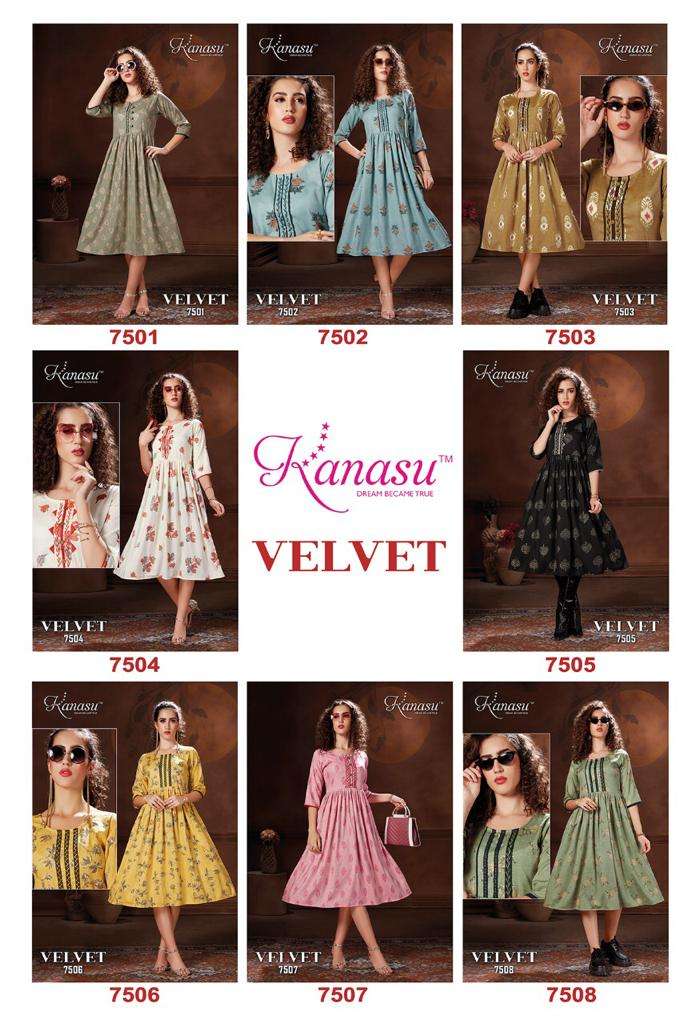 Velvet Kanasu Premium Gown Flair Rayon Wholesale Price Lowest Online Kurtis Set