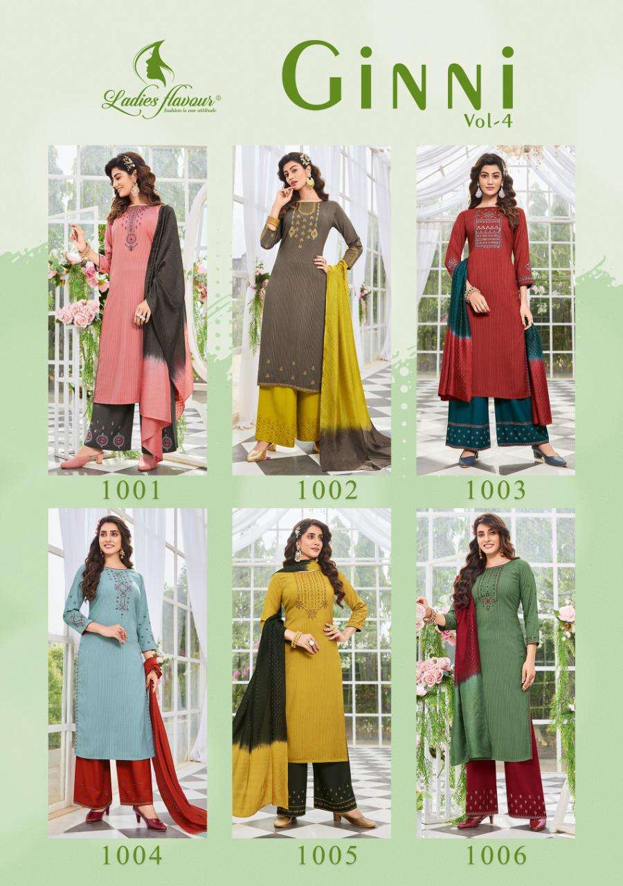 Ginni Vol 4 By Ladies Flavour Designer Wholesale Online Kurtis Pant Dupatta Set