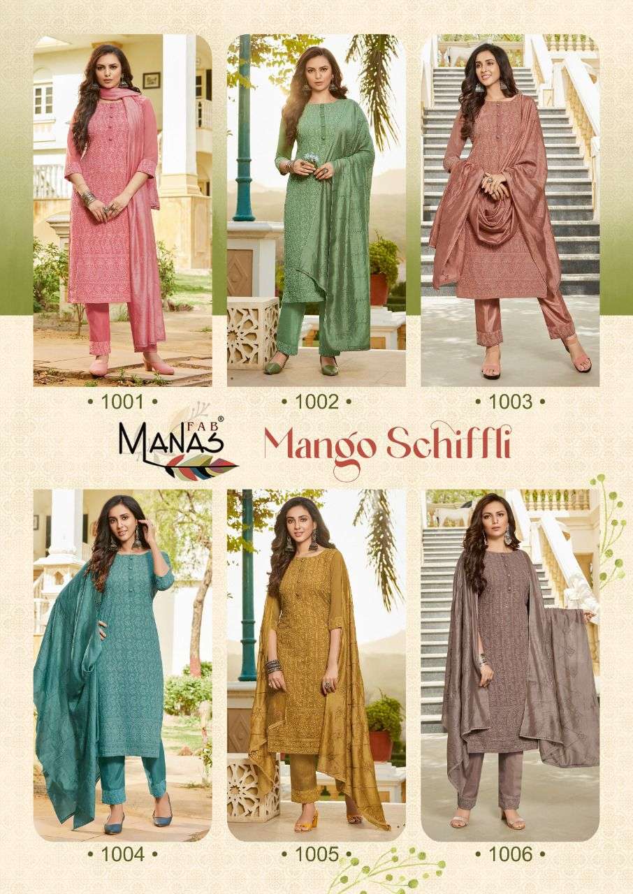 Mango Schiffli By @ Manas Fab Designer Wholesale Online Kurtis Pant Dupatta Set