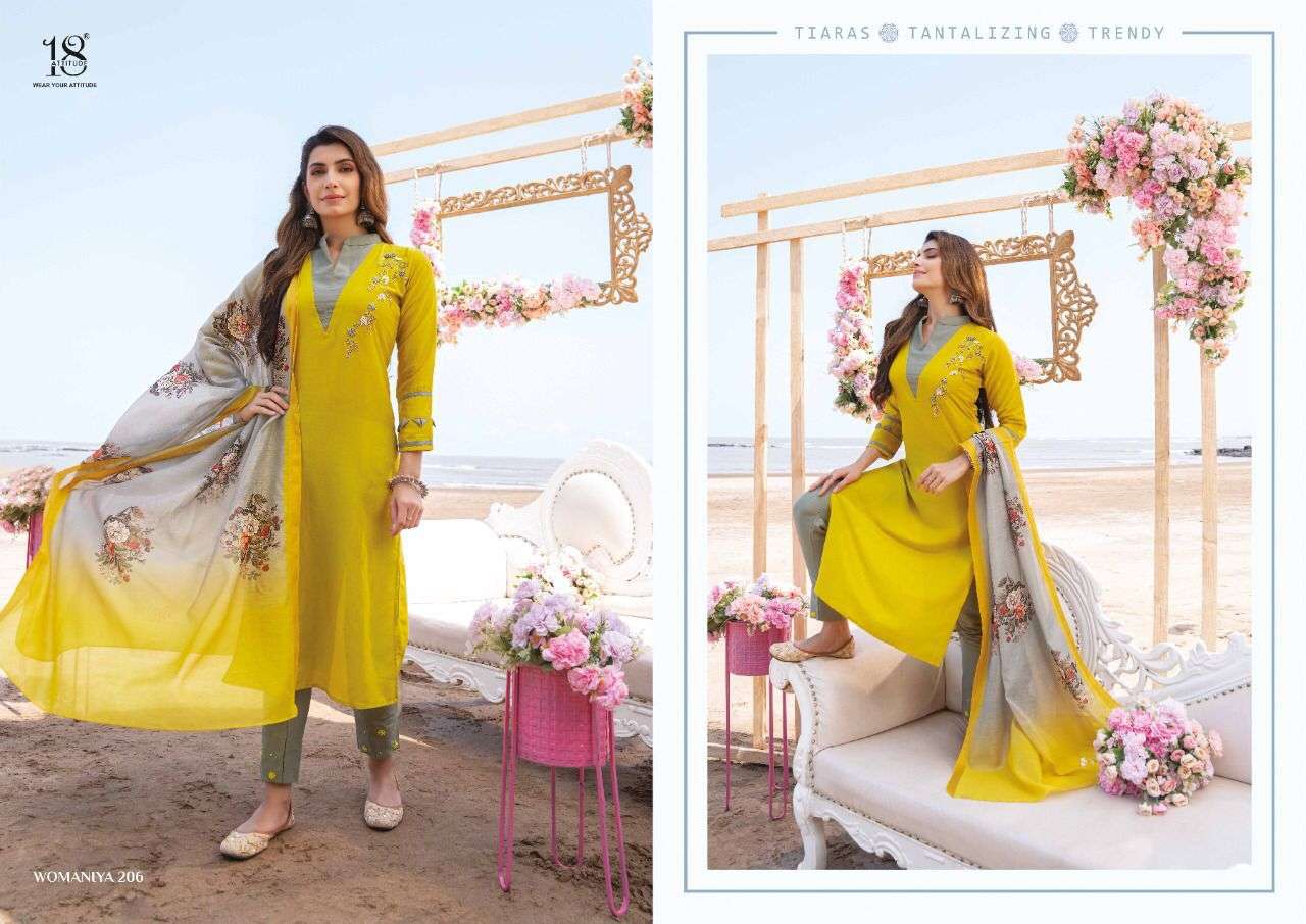 Womaniya Vol 2 By 18 Attitude Designer Wholesale Online Kurtis Pant Dupatta Set