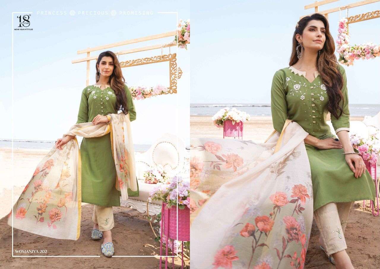 Womaniya Vol 2 By 18 Attitude Designer Wholesale Online Kurtis Pant Dupatta Set