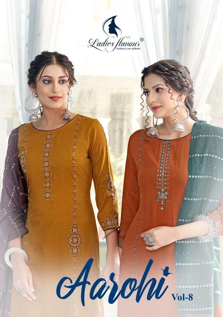 Aarohi Vol 8 By Ladies Flavour Designer Wholesale Online Kurtis Pant Dupatta Set