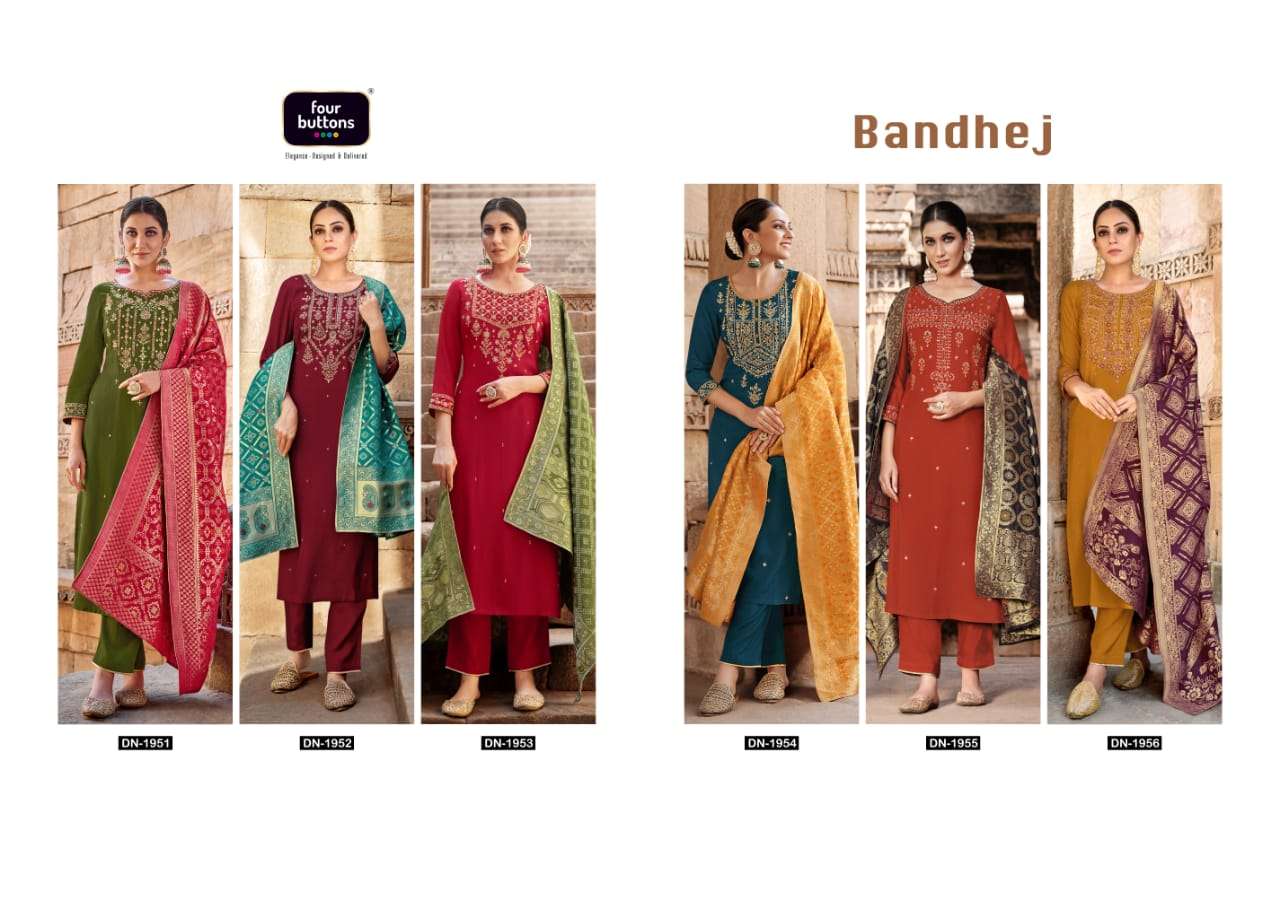 Bandhej By Four Buttons Designer Wholesale Online Kurtis Pant Dupatta Set