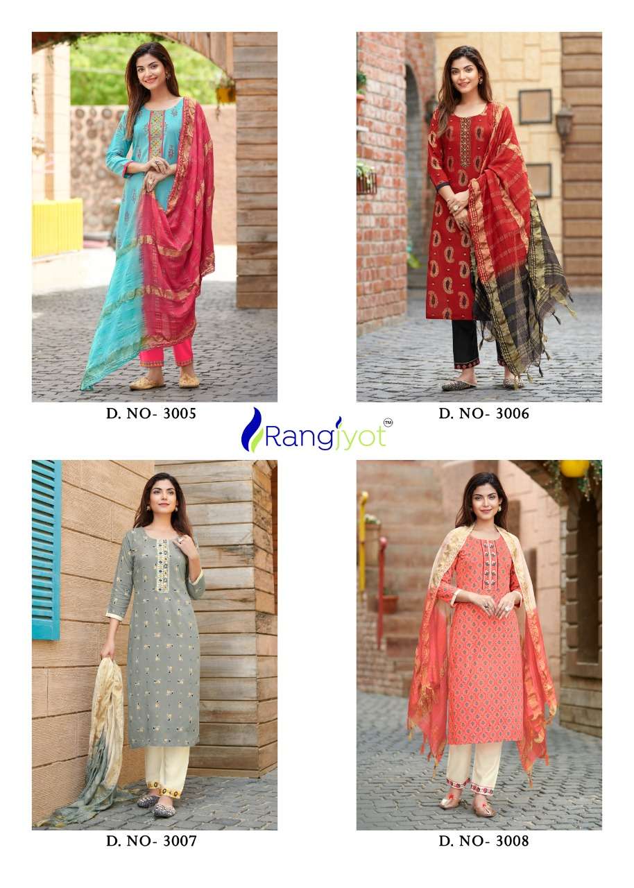 RangMaya Vol 3 By Rangjyot Designer Wholesale Online Kurtis Pant Dupatta Set