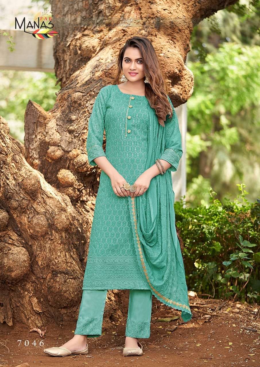 Schiffli Vol.8 By Manas Fab Designer Wholesale Online Kurtis Pant Dupatta Set