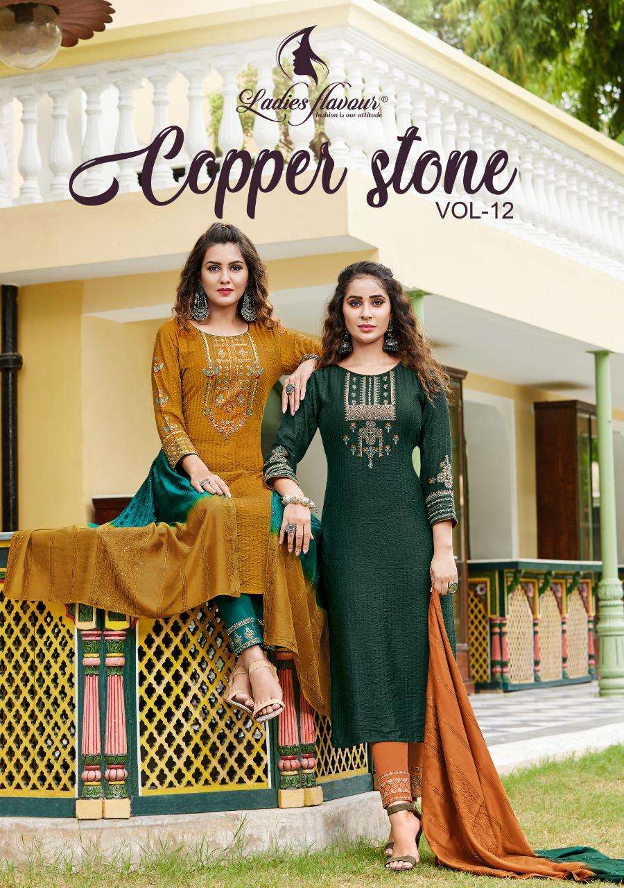 Copper Stone Vol 12 By Ladies Flavour Designer Wholesale Online Kurtis Pant Dupatta Set
