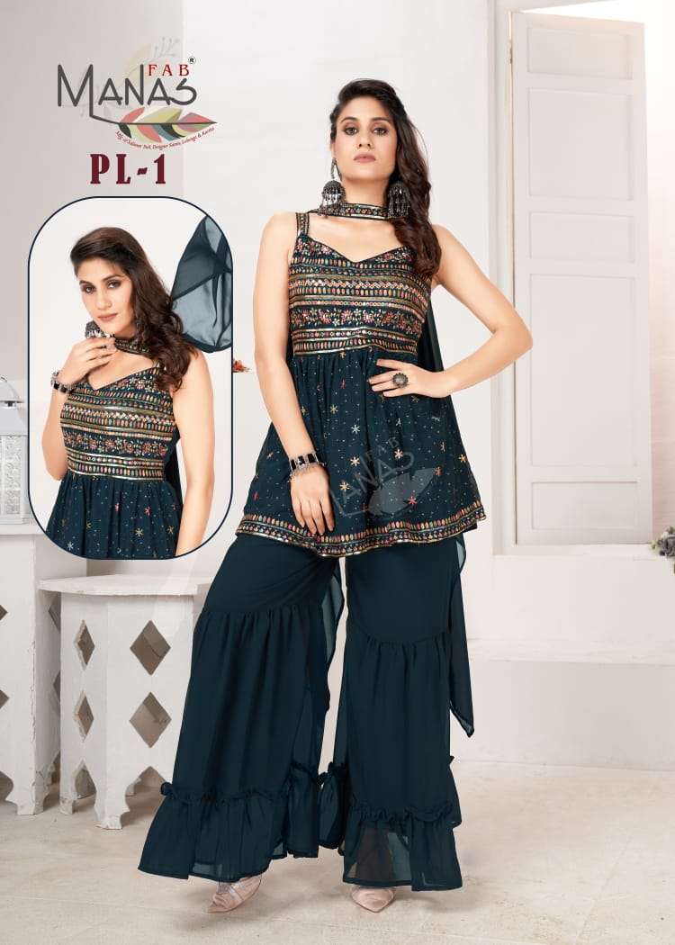 PL 1 By Manas Fab Designer Wholesale Online Kurtis Plazzo Dupatta Set