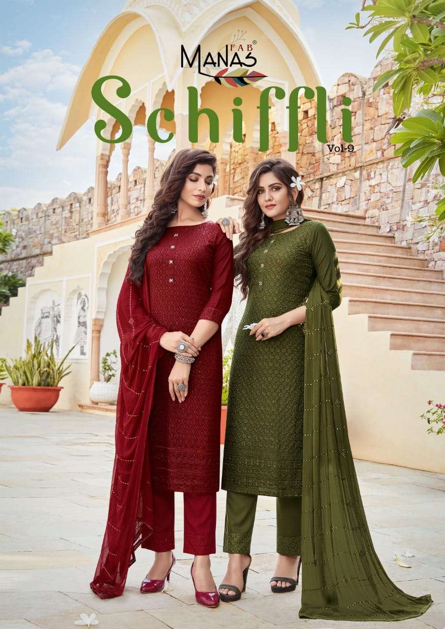 Schiffli Vol 9 By Manas Fab Designer Wholesale Online Kurtis Pant Dupatta Set