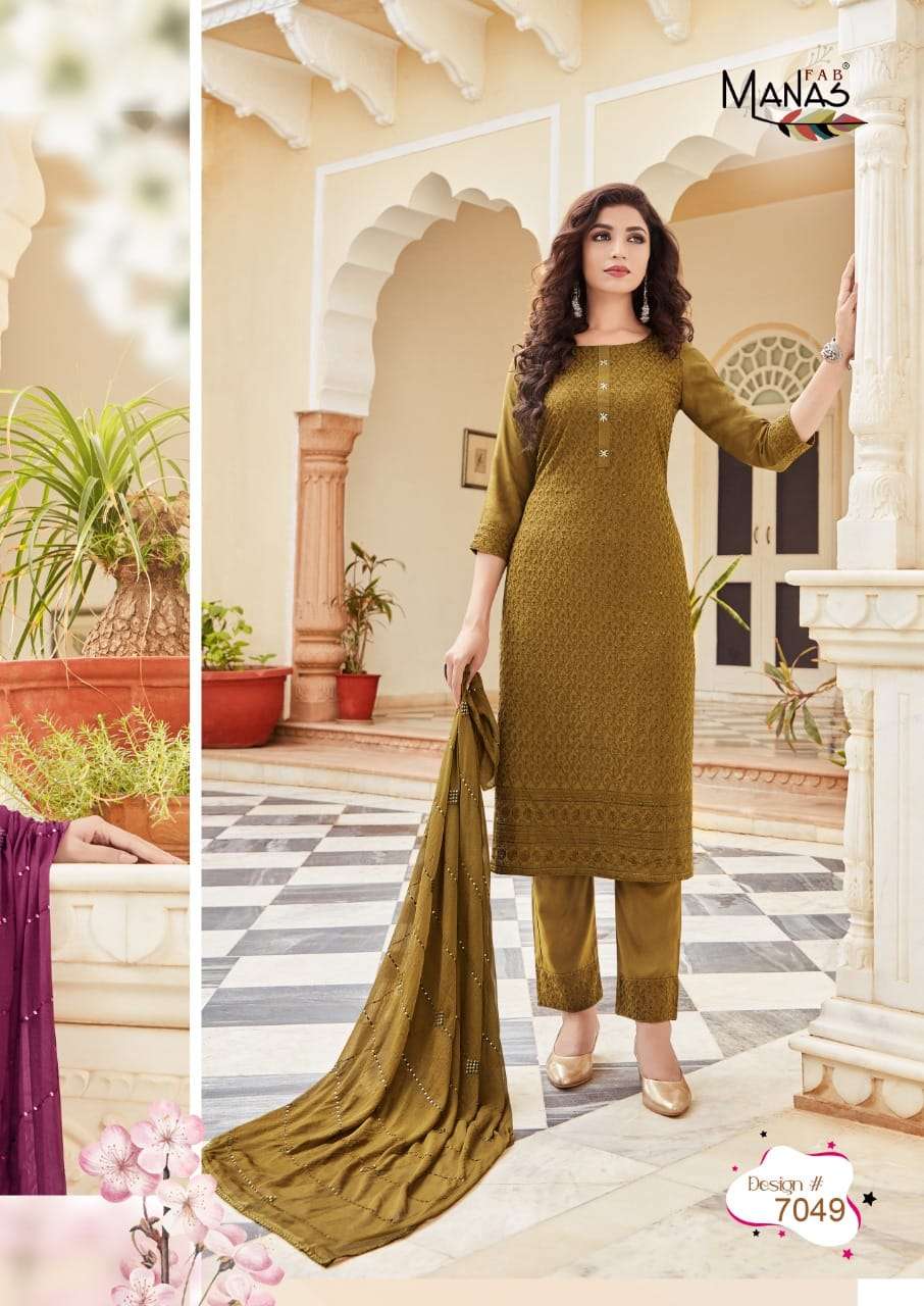 Schiffli Vol 9 By Manas Fab Designer Wholesale Online Kurtis Pant Dupatta Set