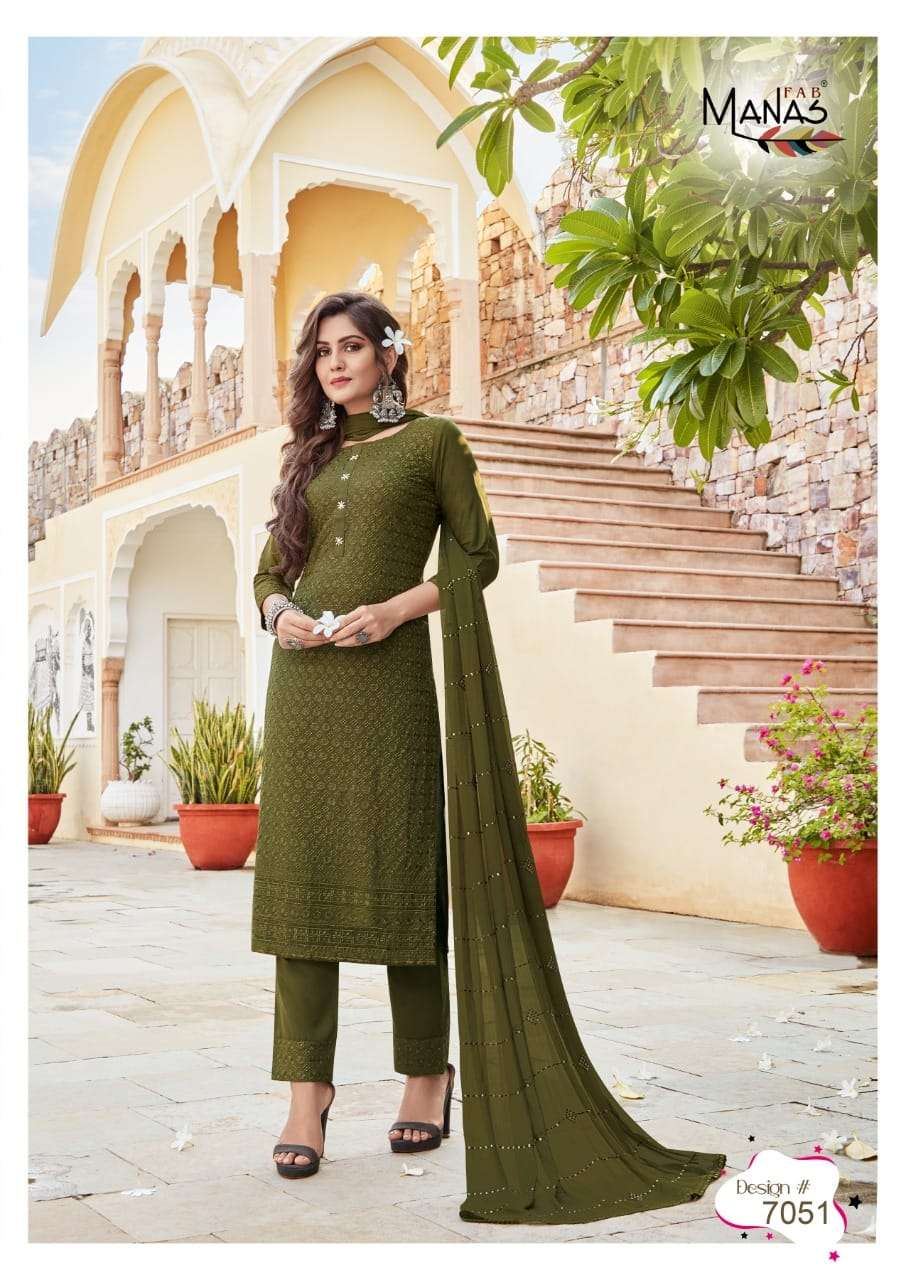 Schiffli Vol 9 By Manas Fab Designer Wholesale Online Kurtis Pant Dupatta Set