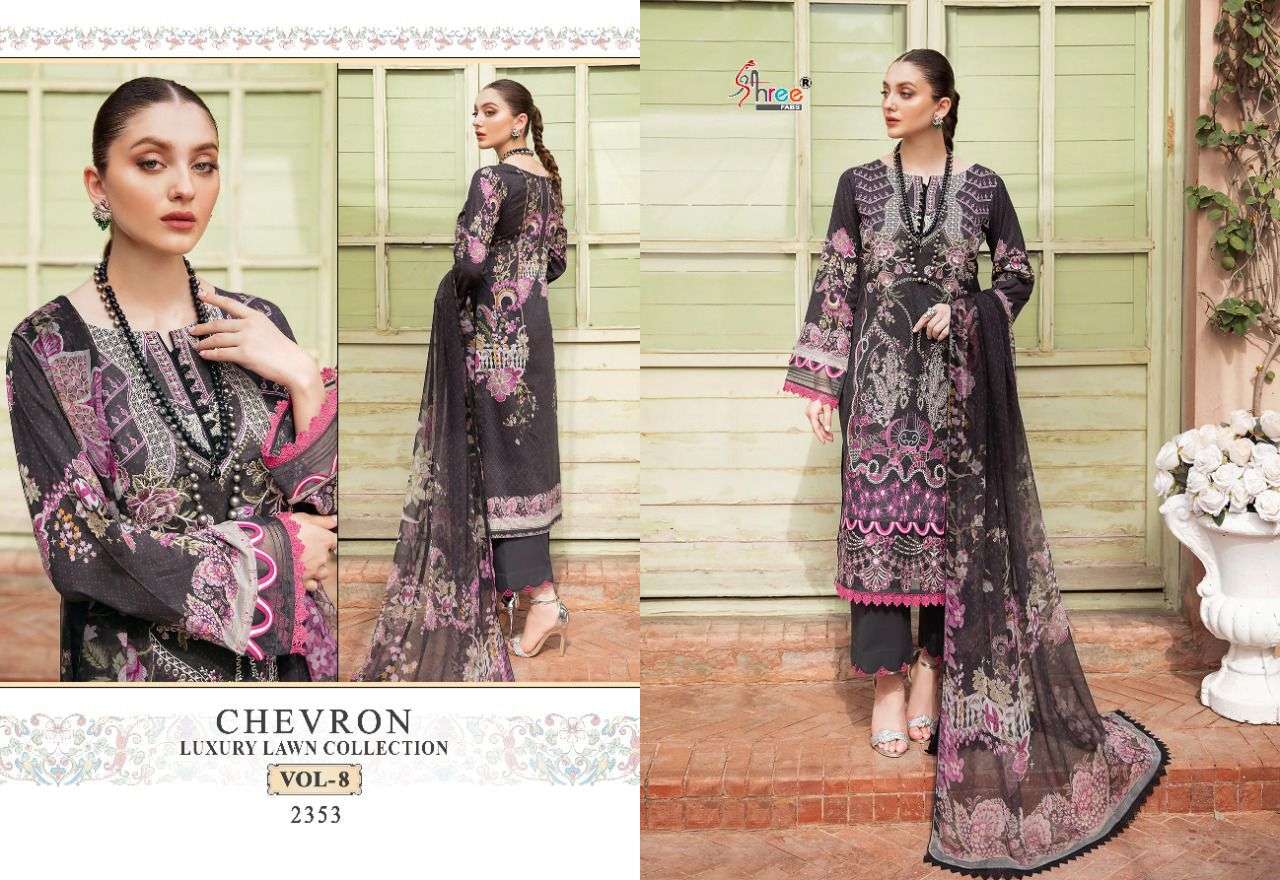 Chevron Luxury Lawn Collection Vol 8 By Shree Fab Surat Designer Wholesale Online Kurtis Pant Dupatta Set