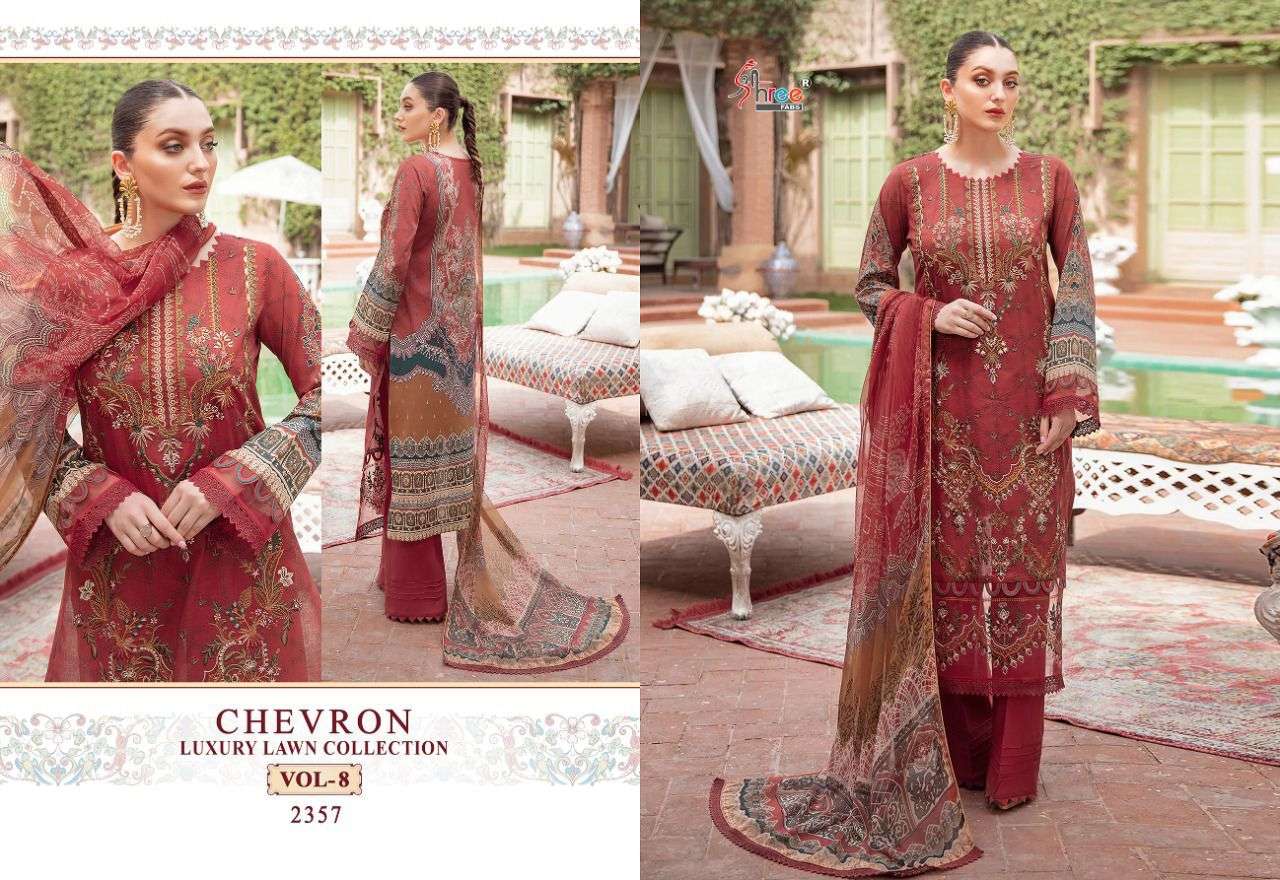 Chevron Luxury Lawn Collection Vol 8 By Shree Fab Surat Designer Wholesale Online Kurtis Pant Dupatta Set