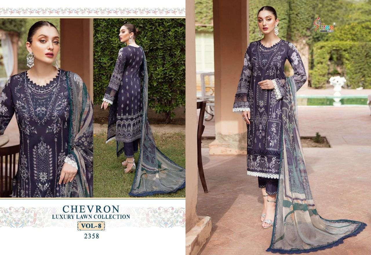 Chevron Luxury Lawn Collection Vol 8 By Shree Fab Surat Designer Wholesale Online Kurtis Pant Dupatta Set