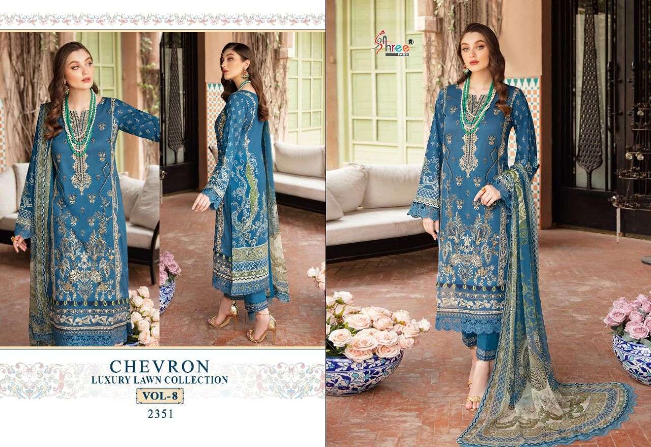 Chevron Luxury Lawn Collection Vol 8 By Shree Fab Surat Designer Wholesale Online Kurtis Pant Dupatta Set