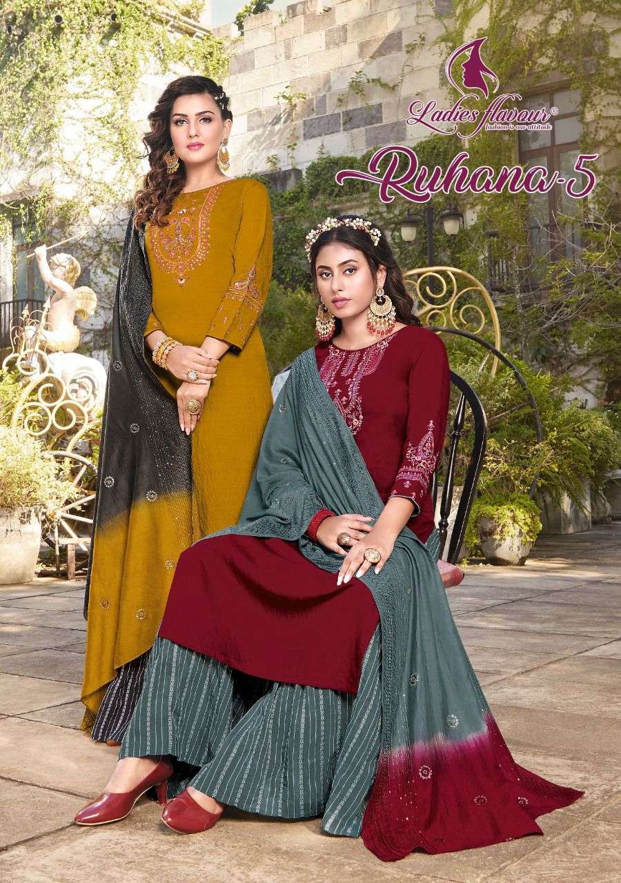 Ruhana Vol 5 By Ladies Flavour Designer Wholesale Online Kurtis Sharara Dupatta Set