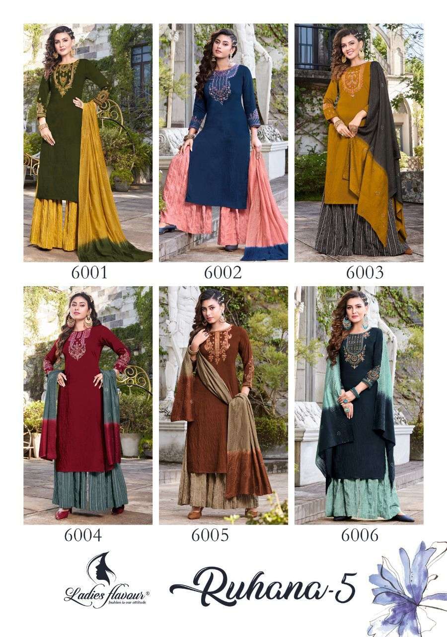 Ruhana Vol 5 By Ladies Flavour Designer Wholesale Online Kurtis Sharara Dupatta Set