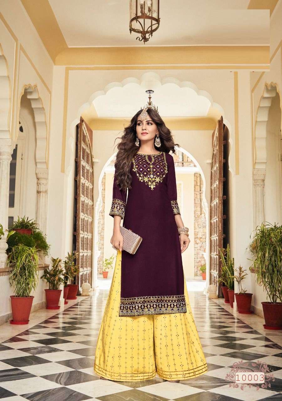 Label Vol 10 By Kajal Style Rayon Palazzo Wholesale Supplier Online Lowest Cheapest Price Embroidery Work Kurtis Palazzo Catalog Set