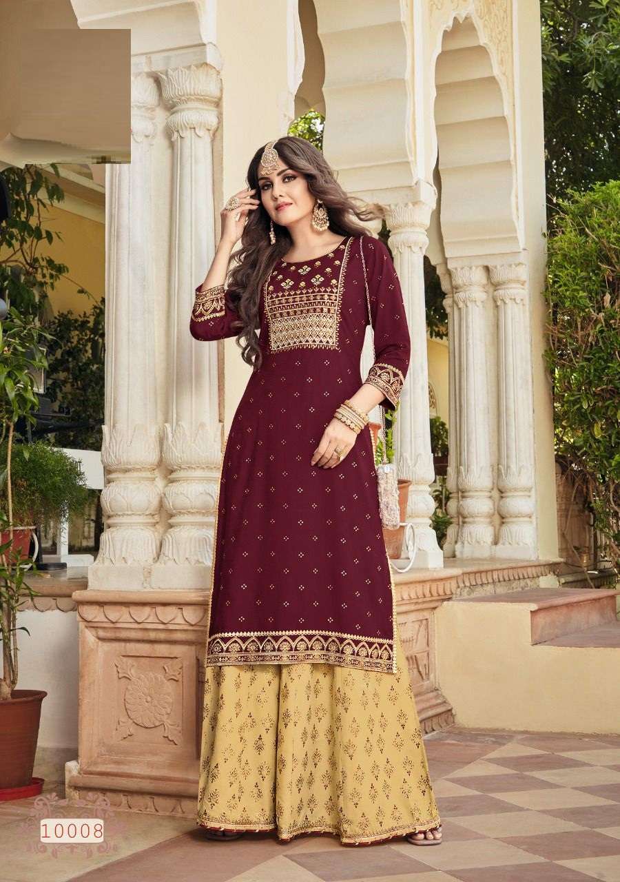 Label Vol 10 By Kajal Style Rayon Palazzo Wholesale Supplier Online Lowest Cheapest Price Embroidery Work Kurtis Palazzo Catalog Set